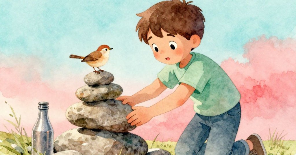 馬克斯專注放置平石於石堆上,金屬瓶作為象徵,伴隨小鳥凝視,彰顯細膩努力與目標意義
