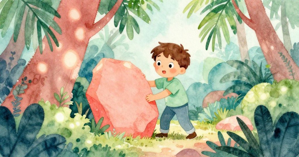 透過樹葉縫隙觀察到馬克斯彎腰拾起亮橙色石板,神情堅定,背景呈現自然光影與溫暖色彩