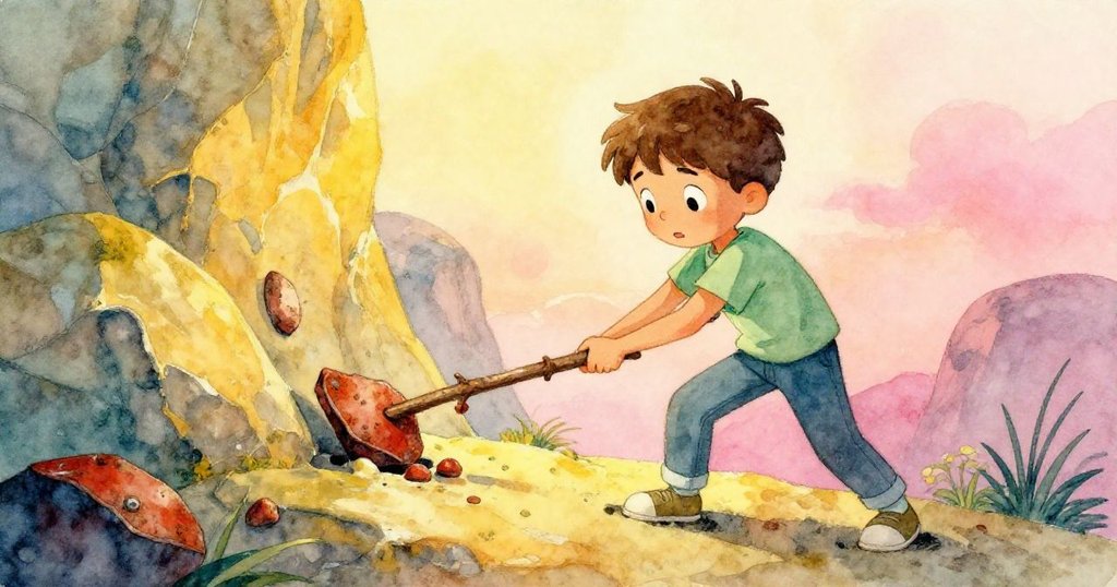 馬克斯在隱秘峭壁上使用細棍撬石,努力解脫嵌入岩石的銹紅碎片,展現堅毅的求成精神