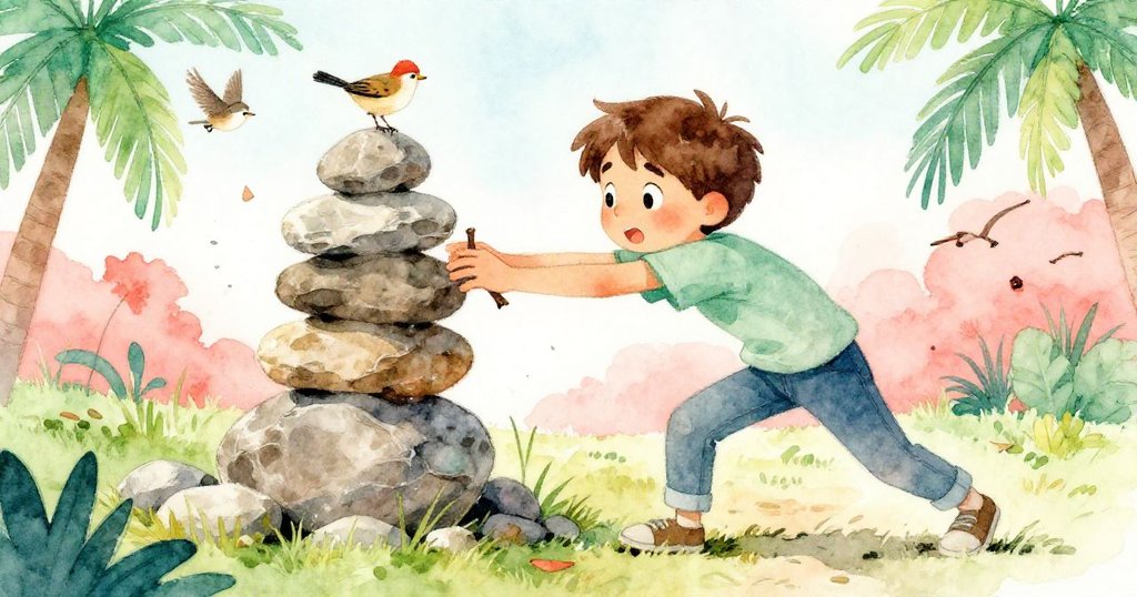 在強風襲擊下,馬克斯迅速用細棍穩固動搖的石堆,隨後小鳥驚飛,情景緊湊充滿挑戰感