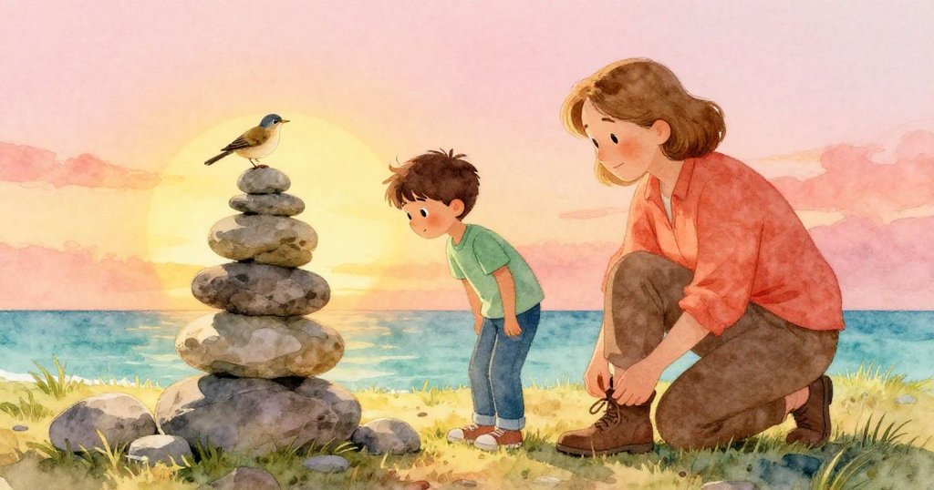 落日時分,馬克斯下步檢查精心堆砌的石堆,姨媽整理鞋帶,小鳥安坐石頂,畫面洋溢溫暖寧靜