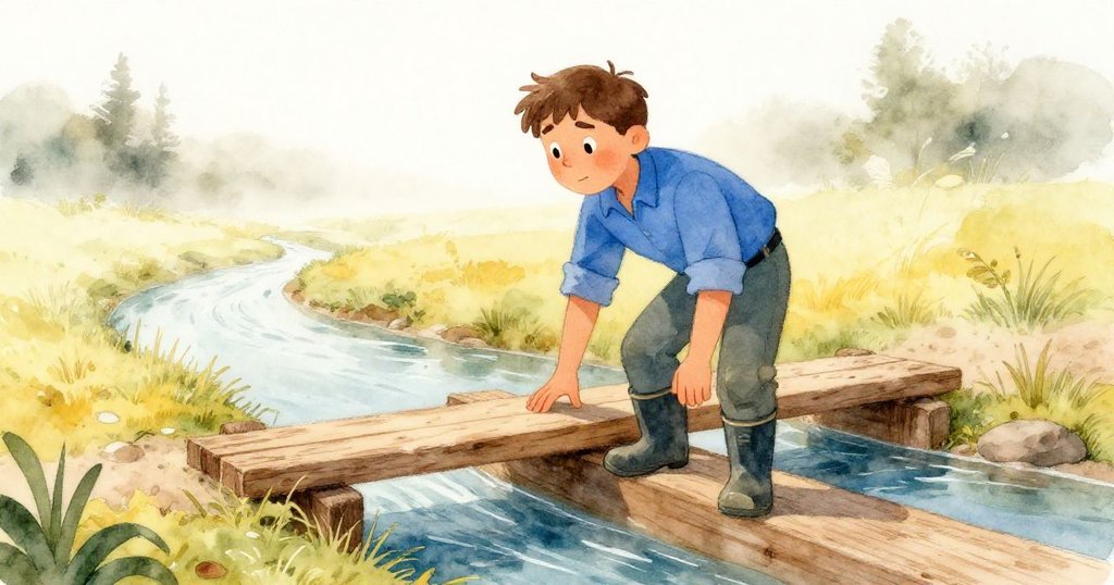 在晨霧中,Palmer靠在溫暖木板上調整水流,環境清新迷人,神情專注,展現故事開始的柔和早晨