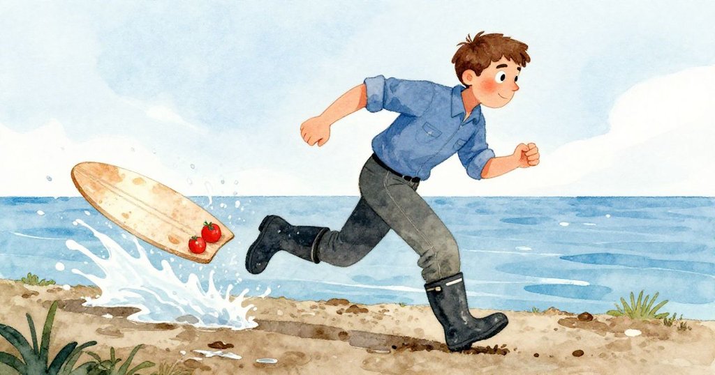 Palmer在明亮日光下奔向飄浮木板,橡膠靴踩在泥濘中濺起水花,展現急切追趕的生動情景