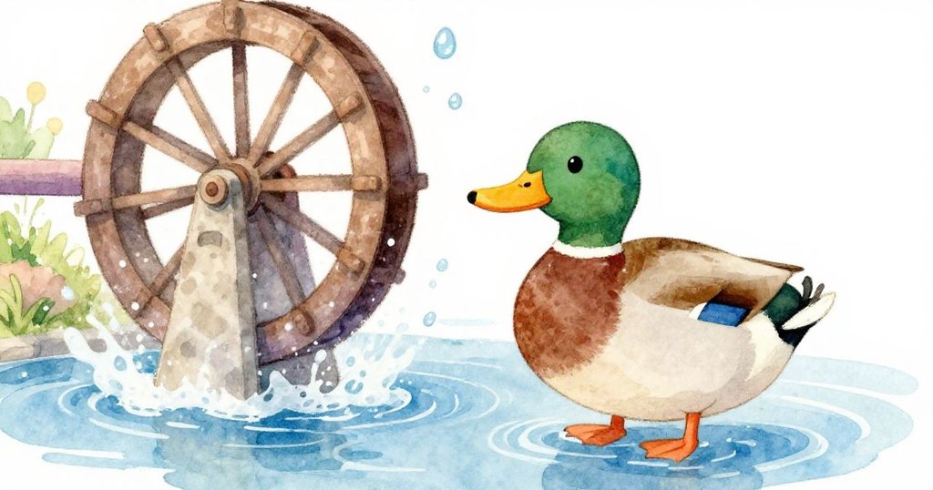 Mallard鴨在水車旁拍打翅膀激起水霧,水花飛濺融合自然景色,展現突如其來的驚嚇與活力