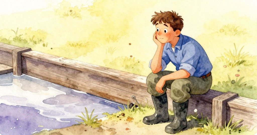 Palmer返回後在木板旁靜思,觀察木材乾縮細節,神情中流露釋然與沉思,背景呈現溫暖懷舊光影