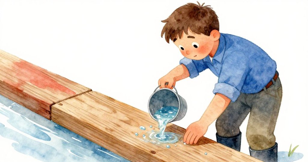 Palmer細緻操作,用水桶淋水於木板邊緣,近鏡展現專注神情與手部細節,彰顯發現與調整的瞬間