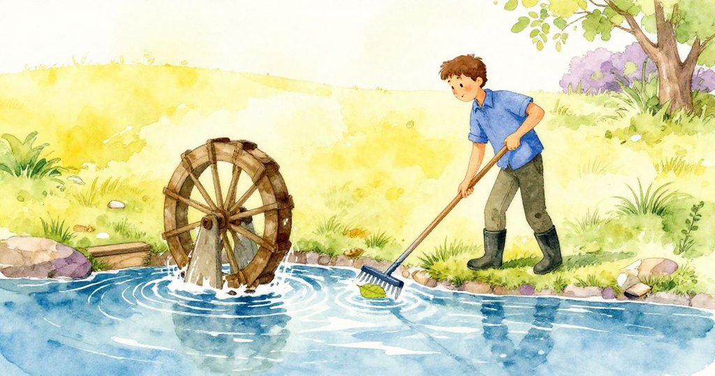 Palmer在寬廣景致中舉著耙子觀察水車,孤葉依附於槳板,水流湧動展現自然活力,流露完成工作的安然與成就感