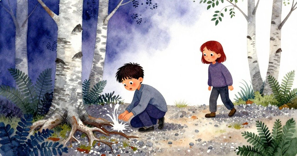 蕊德低身觀察樹根旁潮濕痕跡，霍利斯跟隨在礫石與樺樹間，好奇探索大自然奇趣背景。