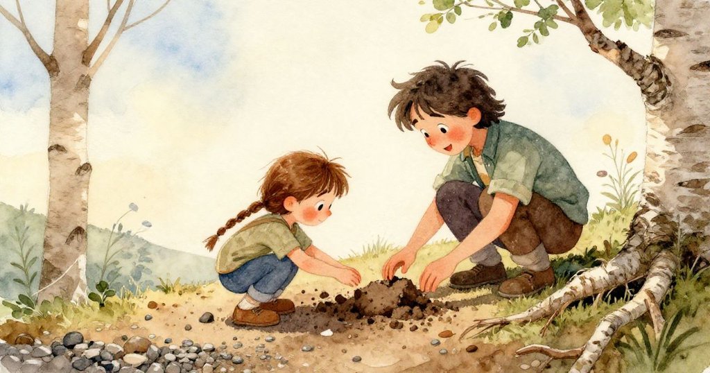 蕊德輕觸樺樹根上濕潤黏土痕跡，細膩紋理展現自然之美，探索心情溫柔而充滿好奇。