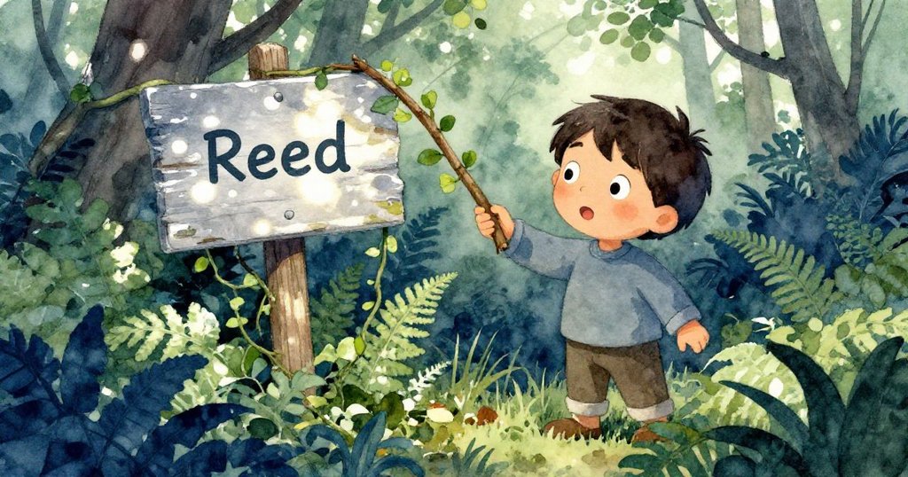 蕊德在蕨葉叢中用雪松小棍撥開綠葉，從低角度揭露隱藏的舊記號牌，展現大自然生機與神秘感。