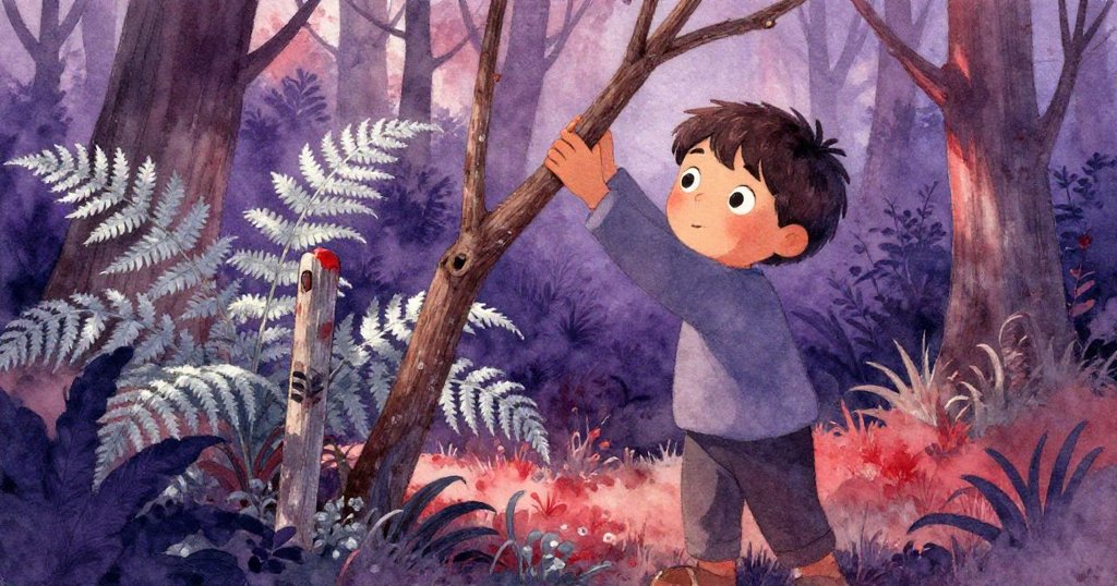 隨著光線轉柔，蕊德調整粗枝清理纏結藤蔓，舊記號牌在微風中隱現，展現時間推移的細膩美。