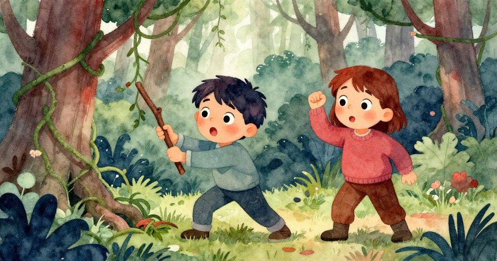 蕊德專心拉出纏繞藤蔓中的樹枝，霍利斯則舉肘防範酸澀氣味，臉上流露出驚訝和好奇情感。