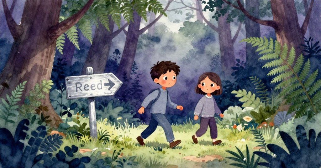 蕊德大步迎向左指記號牌開啟的新路，霍利斯緊隨其後，明亮森林中展現希望與探險之情。