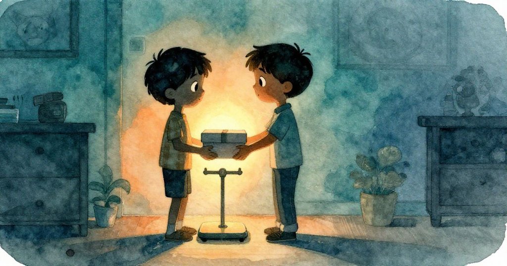 包裹秤前的Vance身影被柔和光線勾勒，他正小心移動鞋盒，表情充滿期待與決心，室內溫馨氣氛中隱約可見其他貨品。