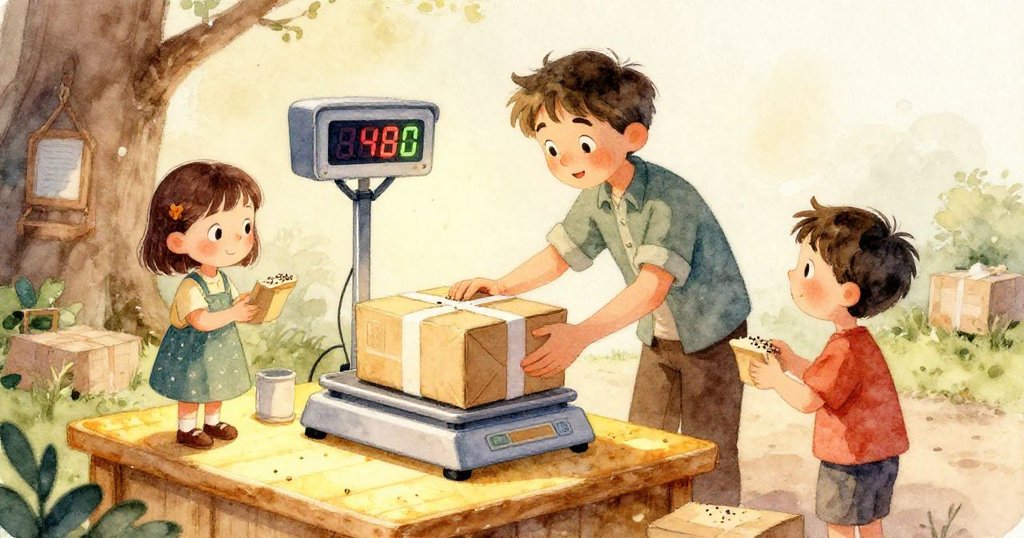 Vance專注望著閃爍數字的包裹秤，鞋盒與壓住雜誌象徵著挑戰，他正準備用膠帶調整，背景燈光溫暖充滿期盼。