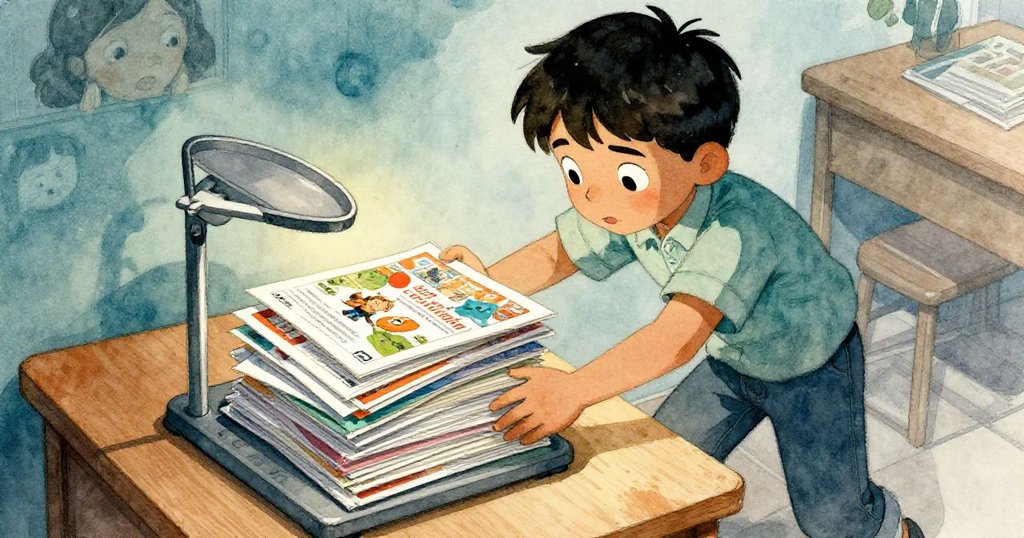 從高角度看Vance彎腰努力推開沉重雜誌，雙手用力調整，表情專注而堅毅，室內環境細節豐富。