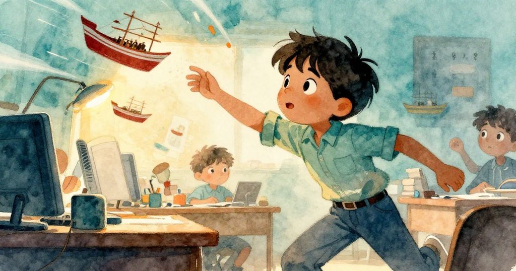 暖風拂入室內，海關表格隨風飄散，Vance伸手急追，一邊抓住膠帶分配器，動感十足，氣氛活潑。