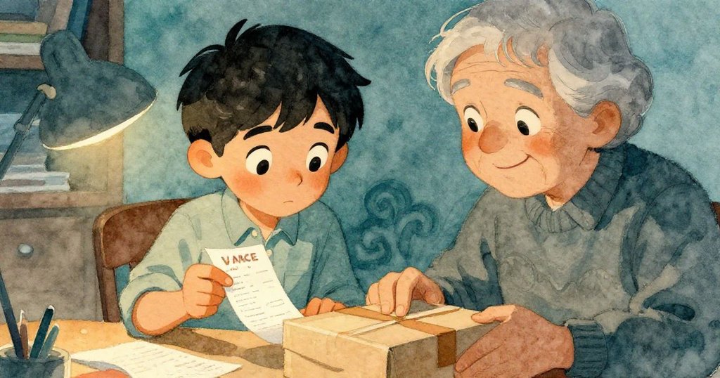 Vance與長輩在包裹秤前平靜交談，雙方臉上流露出喜悅與滿意，暖光中包裹成功完成運送。