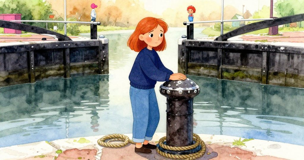 格蕾塔站在古老鎖室前調整繩索,柔和光線灑落在石牆上,神情沉著,環境靜謐充滿期待。