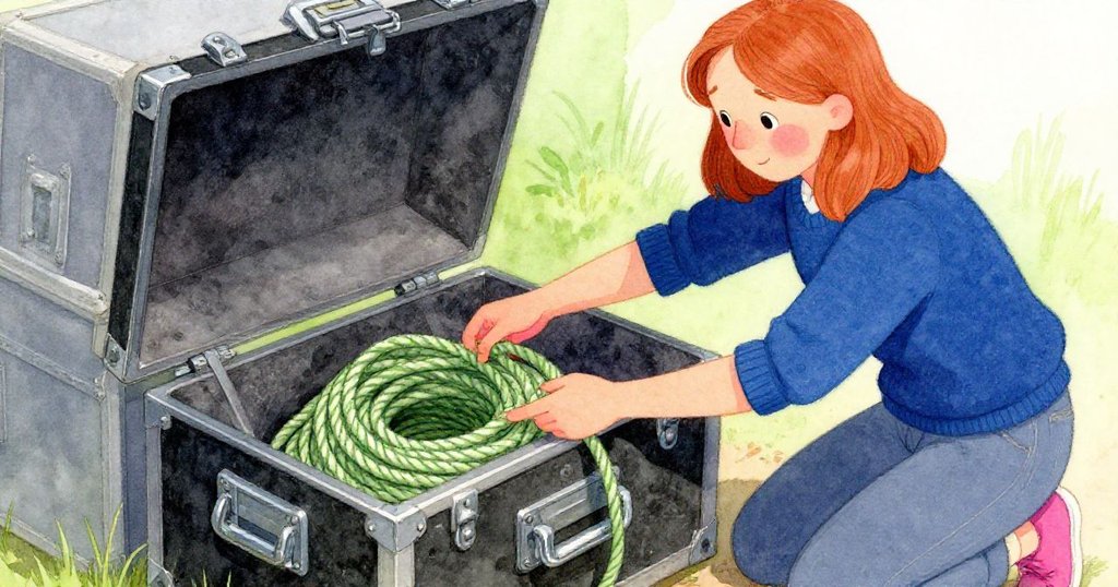 格蕾塔在鎖室中從老舊設備箱中取出備用繩圈,雙手專注,細節豐富,顯露出堅定與精心準備。