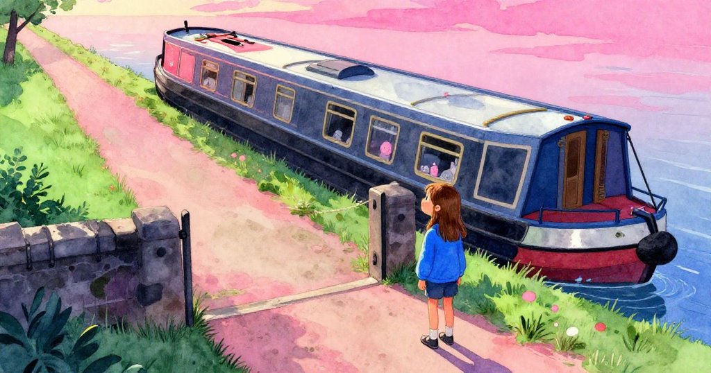 特絲從高處俯視鎖室附近,注目傾斜窄船,神情關切,背景展現古舊門和夕光拉長的影子。