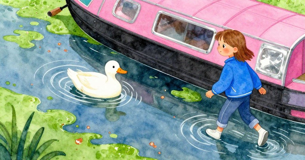 戶外場景中鴨子悠然漂浮於船旁,特絲跑步留水漣,綠藻與銅光交織,氛圍生動自然。