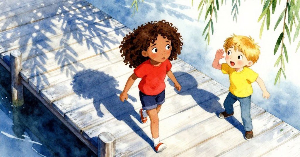 Joy 正步入中碼頭陰影區,Quinn 在遠處呼喊,從高空俯瞰碼頭的藍灰木板與搖曳柳樹葉,場景寧靜溫暖。