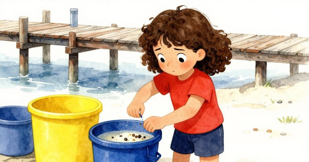 Joy 在岸邊設備區輕輕打開餌料容器的蓋子,發現僅剩稀少的餌料,表情專注且略帶憂慮,背景顯現平靜水面與木板。