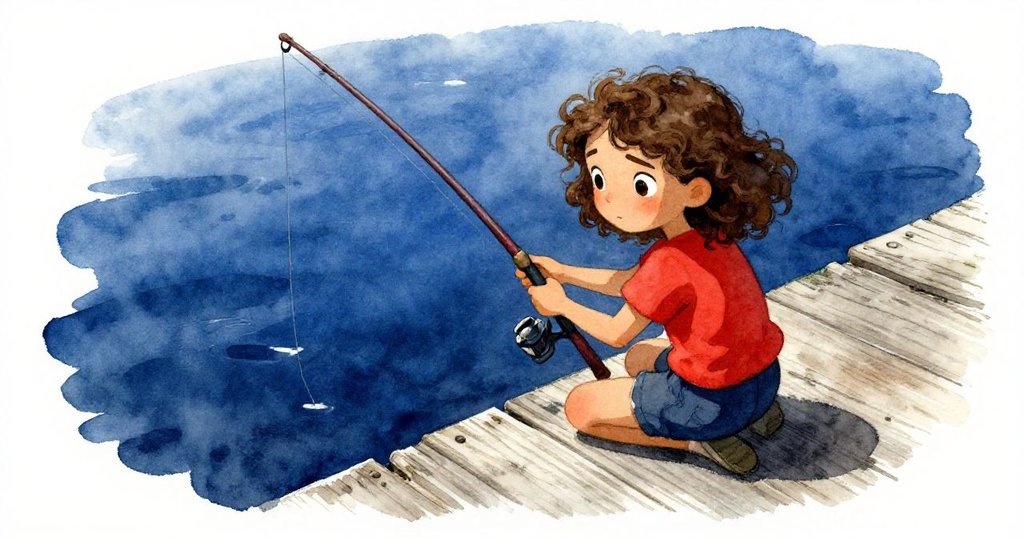 從高處俯瞰,Joy 小心調整釣竿,避免碰觸碼頭上放著的畫冊,整個場景充滿專注與謹慎的氣息。