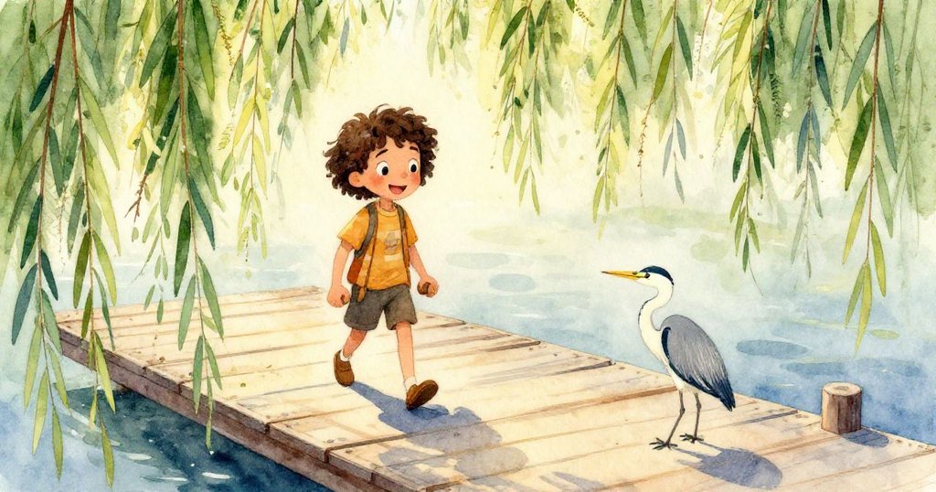 水下景深中,銀色水草隨波搖曳,一隻好奇的白鷺穩坐於纏繞繩柱上,水面光影閃爍,展現自然寧靜。