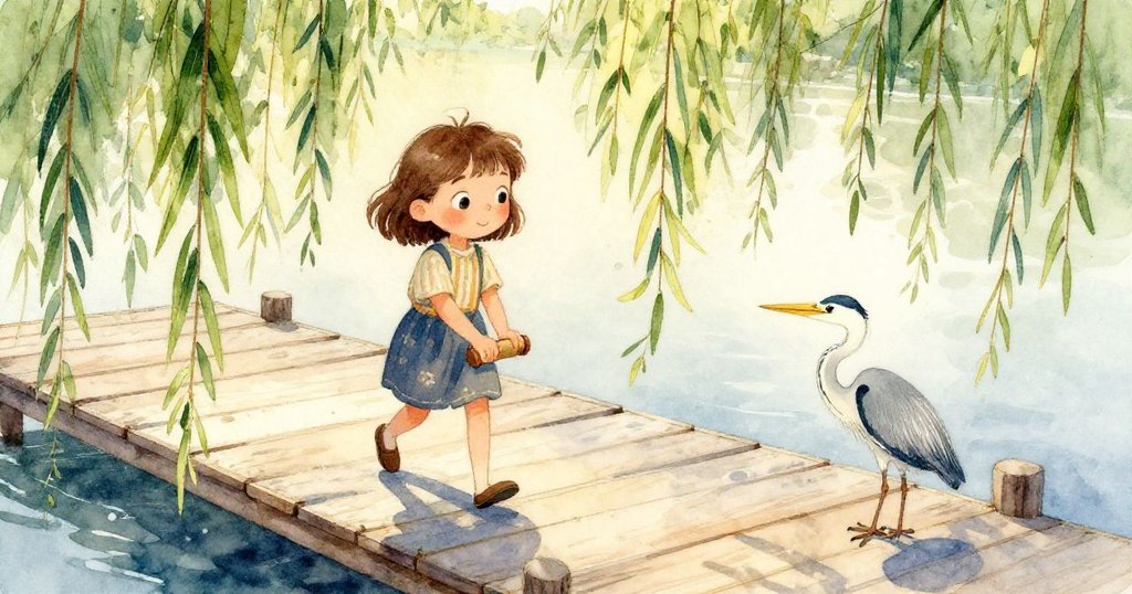 活力迸發的瞬間中,餌料在半空揚起飛濺,浮標隨急風吹動,白鷺微微側首注視,動作連貫展現緊湊情節。