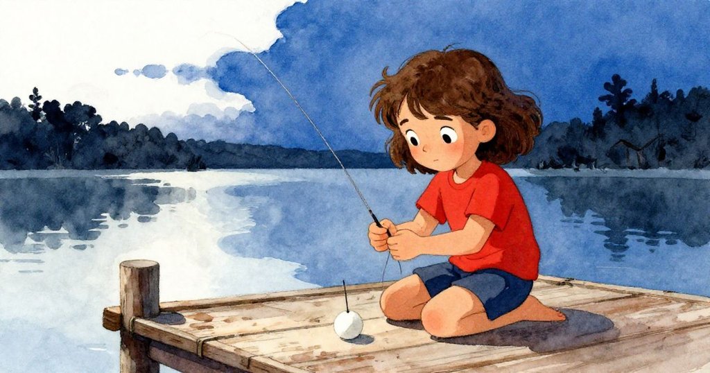 結局時刻,Joy 回到碼頭上輕柔揉捏餌料,浮標安靜停在灰色陰影中,展現出毅力與平靜的情緒。