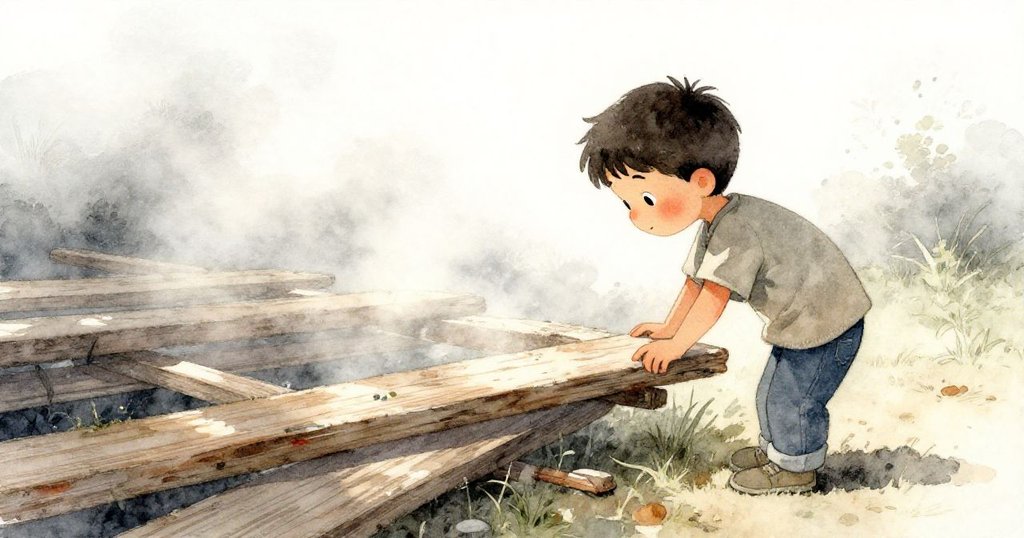 奧斯卡在薄霧中的木板旁細看泥足印，神情好奇，背景呈現朦朧的傍晚光影。