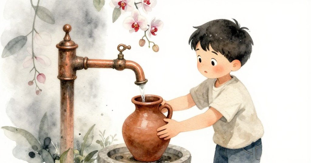 從高角度俯瞰，奧斯卡專注地扶持陶罐，背景中點綴著悬垂的蘭花葉與柔和霧氣，動靜皆宜。