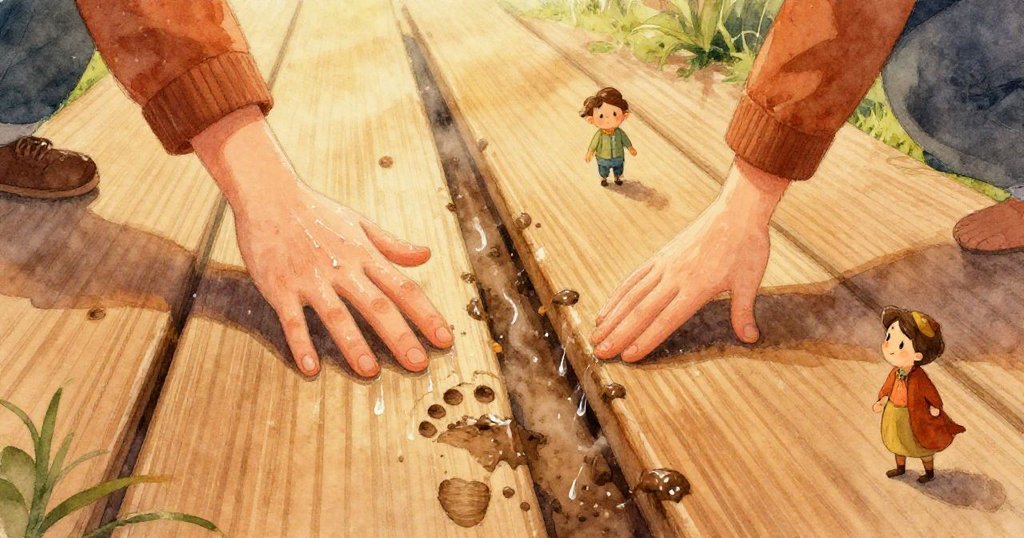 室內空間充滿超現實幾何感，開著鐵門露出仙人掌房，水滴沿著地板靜滑，形成夢幻神秘氛圍。