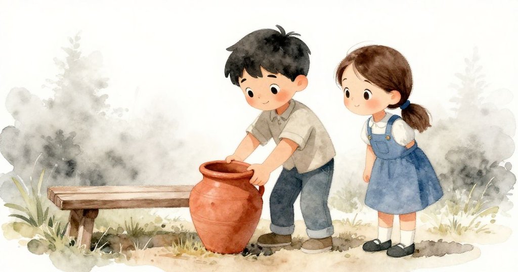 奧斯卡與斯特拉齊心協力推回滾落的陶罐，彼此眼神溫暖，動作協調，背景自然瀰漫著輕霧。