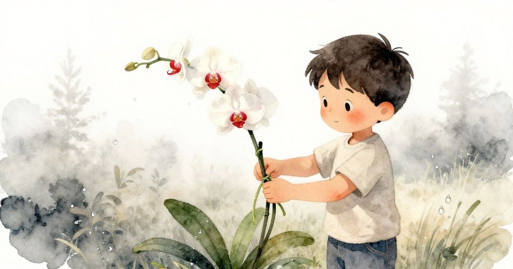 在平靜寧和的場景中，奧斯卡專心用綠色細繩固定低垂的蘭花莖，霧氣籠罩，水珠閃爍，氣氛溫馨。