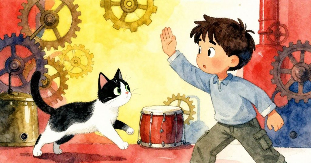 凱恩蹲低舉手迎向躍起的黑白貓，表情警覺專注，齒輪背景展現冒險起步。