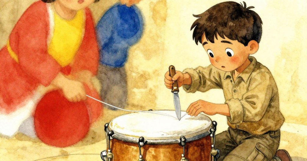 凱恩專注用小刀剪斷鬆散線頭，懷舊金色光暈映出關鍵轉折，冒險情節逐步展開。