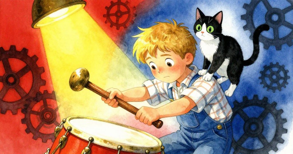 福雷斯特勉力轉動手柄，肩上貓靜靜凝望，表情專注緊張，齒輪間動作達冒險高潮。