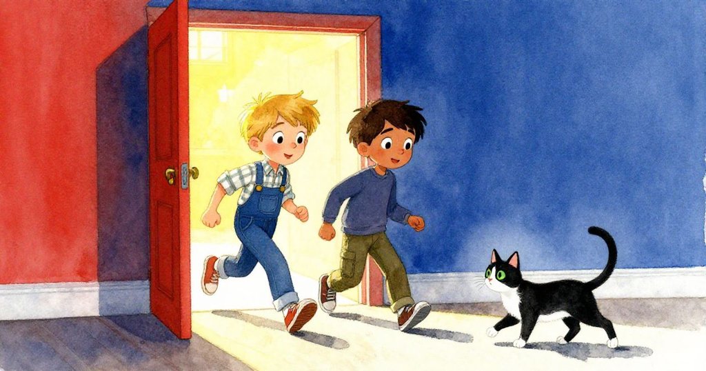 福雷斯特與凱恩滿懷希望展望新境，踏出機械房迎向明亮光芒，貓隨行見冒險結局。