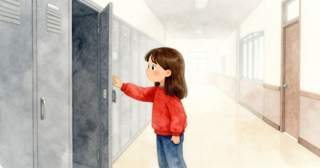 Cleo站在晨霧籠罩的學校走廊中，輕觸半敞的儲物室門，目光堅定，環境透出柔和光影與希望的情緒。