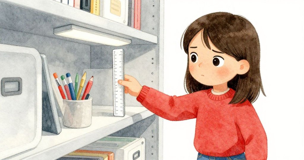 Cleo小心翼翼地從架子上取下細長塑料尺，專注操作時手部細節清晰，背景中展示學校物資區的忙碌與思索。