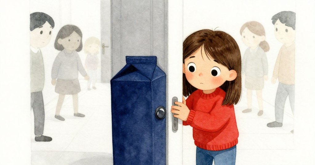 透過微小縫隙，Cleo好奇地注視著遠處深藍色紙箱，背景中朦朧的人影和腳步聲營造緊迫氣氛。