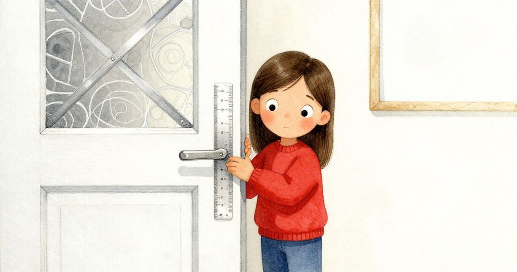 Cleo巧妙利用塑料尺與木製攪拌棒固定門縫，近距離展示門、工具與金屬光澤，營造出超現實幾何布局的畫面。