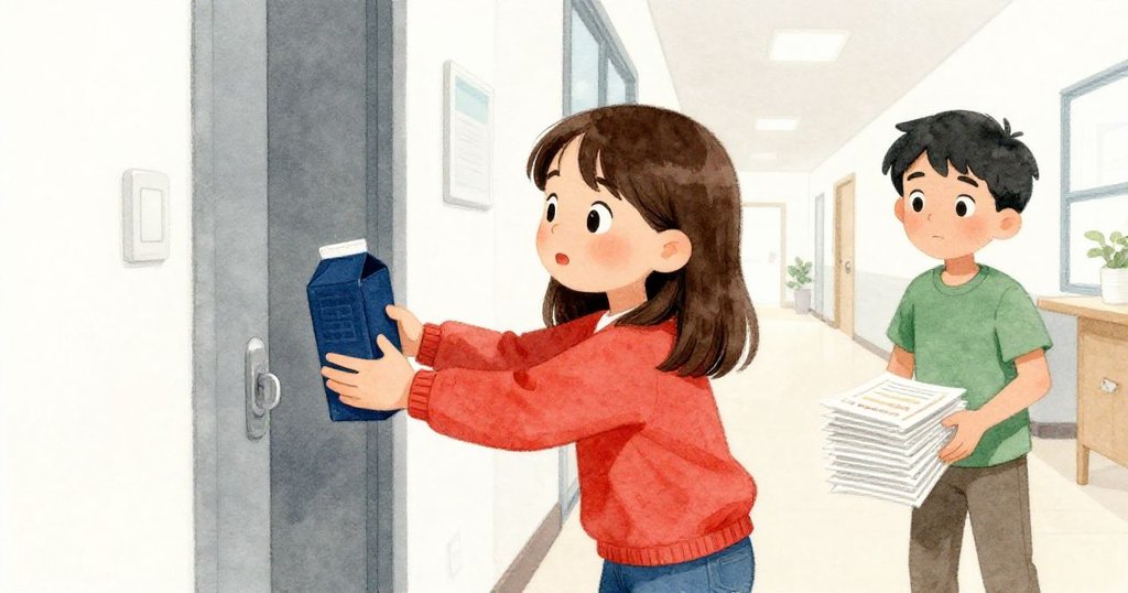 Cleo滿臉微笑地從寬敞的門縫取下深藍色紙箱，背景中Xavier忙著疊放講義，兩人分隔畫面流露出勝利與平靜情緒。