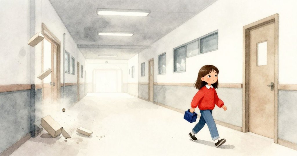 Cleo帶著勝利紙箱向走廊深處走去，落下的臨時楔子隨粉塵在燈光下飄散，走廊盡頭暗示著未來更多冒險。