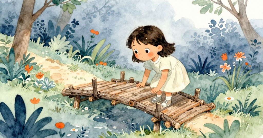 珍珠在花園中傾斜視角下探索用細枝搭成的狹窄橋梁，表情好奇，鋪滿落葉與濕潤地面，故事開始。