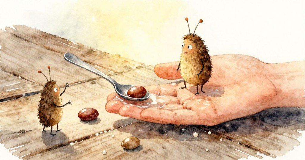 珍珠的手正輕撫著沾染著淡粉色花瓣痕跡的舊木匙，旁邊栗色小石微動，呈現物件細節，故事發展。