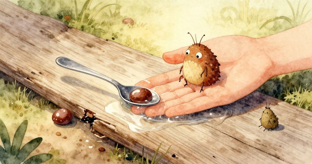 小甲蟲視角下，其銅色甲殼在微光中閃爍，細小枝條和薄水面呈現動態橋梁，故事推向高潮。